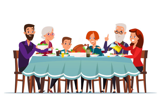 Big family dinner flat vector illustration