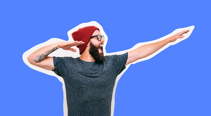 Crazy hipster guy emotions. Collage in magazine style with happy emotions. Discount, sale, season sales.