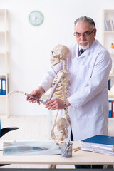 Aged male doctor with skeleton