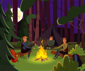 Friends summer camping flat vector illustration