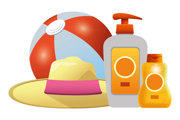 Beach ball and sun bronzers with summer hat