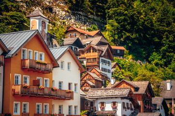 Hallstatt, Austria: houses by the forest in famous Alps landscape