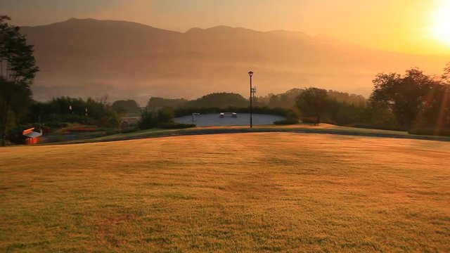 View of lawn and lake in sunny day,  Ueda&nbsp;City,  Nagano&nbsp;Prefecture