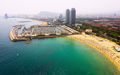 Panoramic view from the drone of coastline and beach of Barcelona. Spain