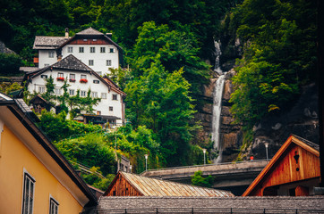 Obraz premium Waterfall in Hallstatt, Austria famous touristic place