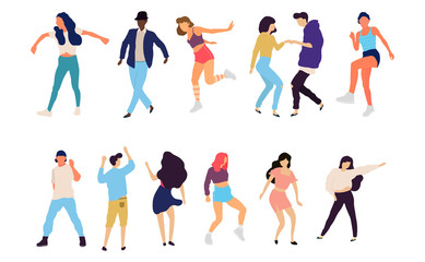 Crowd of young people dancing at club. Big set of characters having fun at party. Flat colorful vector illustration. - Vector