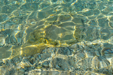 Beautiful colorful pebbles and big stone under turquoise blue clear water, scenic marine background or texture, top view