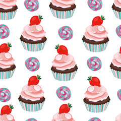 Vector seamless strawberry cupcake, cake, muffin print, pattern,background. Soft pink and blue colors.