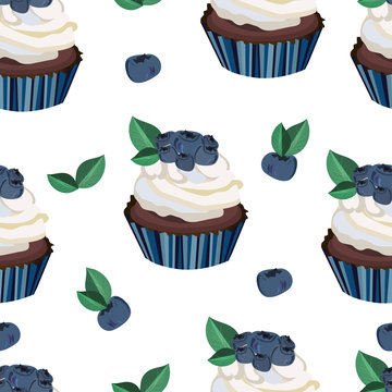 Vector seamless pattern,background,texture with bluberry capcake, berries and leaves. Nice dessert print