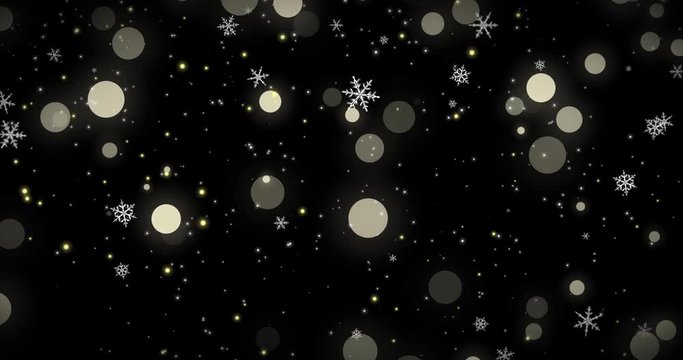 White snowflakes, golden confetti and bokeh lights on the black Christmas background. 3D render image with alpha channel