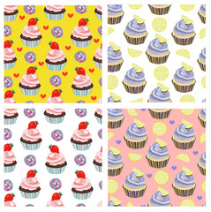 Vector collection,set of beatiful seamless patterns, prints. Nice cupcake, cake, muffin,dessert. 