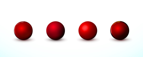 Four Red sphere, balls. Set mock up of clean round the realistic object, orb icon. Design template decoration. Round geometric, circle figure simple. Isolated on white background,  illustration