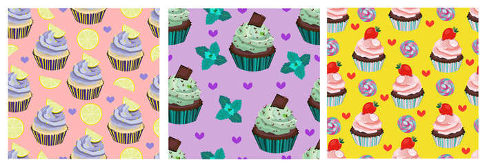 Vector collection,set of beatiful seamless patterns, prints. Nice cupcake, cake, muffin,dessert. 