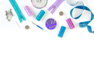 Sew supplies and accessories for needlework on white background