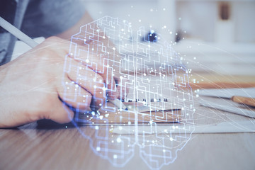 Brain multi exposure icon with man hands background.