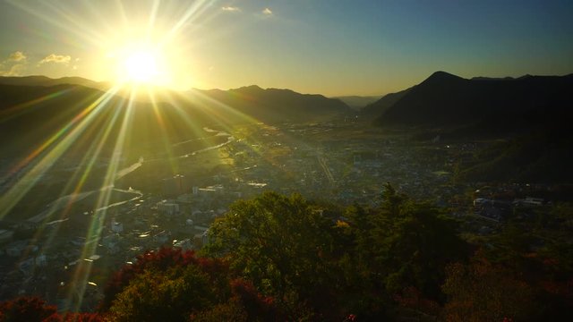 Chikuma&nbsp;city at sunrise seen from&nbsp;Arato&nbsp;Castle,  Japan