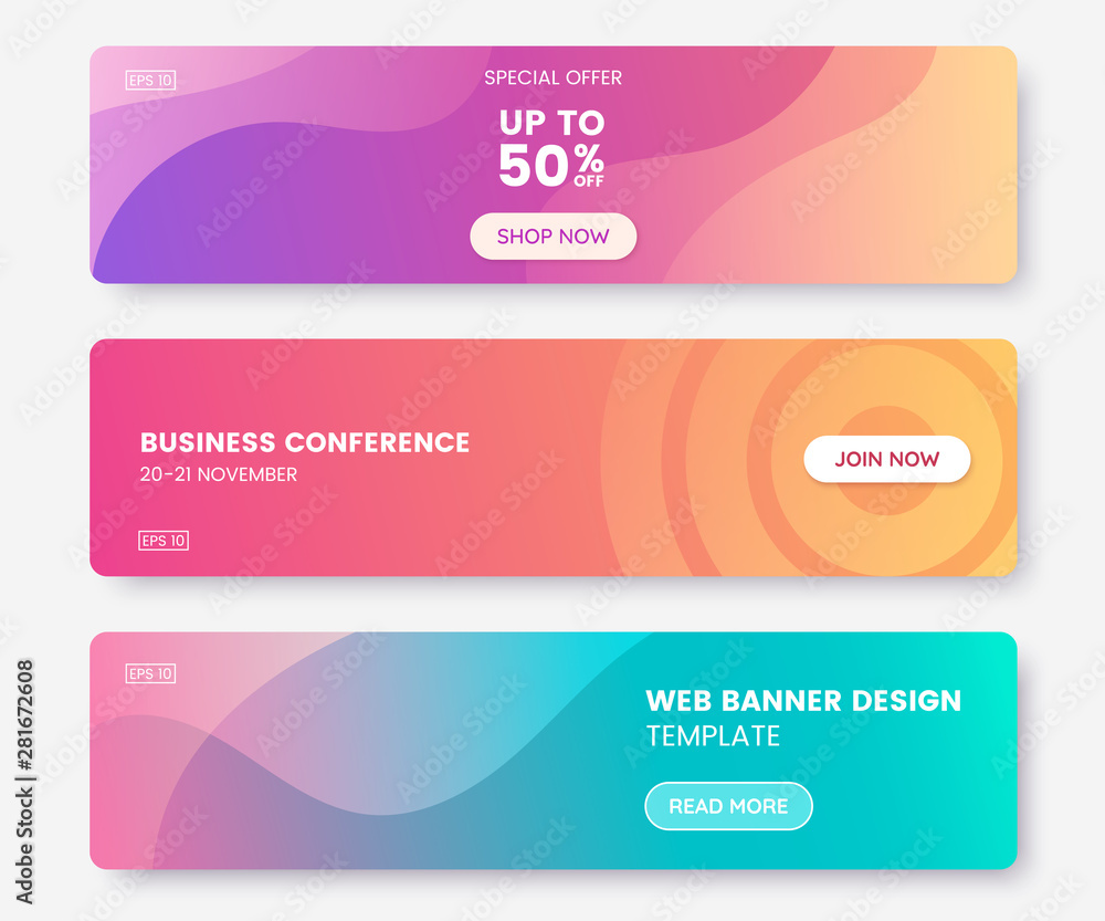 Poster Colorful web banner with push button. Collection of horizontal promotion banners with pastel gradient colors and abstract geometric backdrop.Header design. Vibrant coupon template. Vector eps 10
