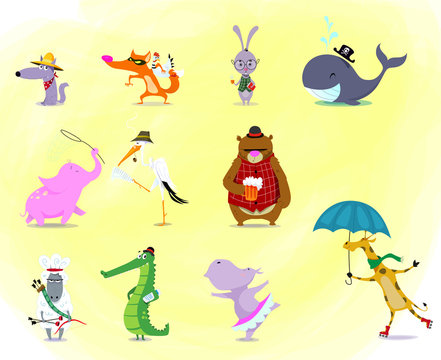 Big set of cute cafrtoon animals: crocodile, hare, rabbit, bear, hippo, giraffe, sheep, elephant, wolf, whale, fox, stork