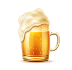 Realistic beer glasses with thick froth. Lager, ale and dark beer in mug with water bubbles and drops. Fresh alcohol drink for brewery, restaurant or pub menu design. Craft beer for oktoberfest design