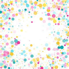 Memphis round confetti festive background in cyan blue, pink and yellow. Childish pattern vector.