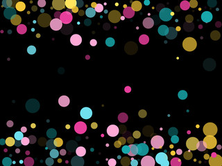 Memphis round confetti festive background in cyan blue, pink and yellow. Childish pattern vector.