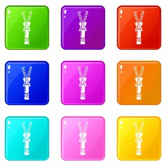 Half opened zip icons set 9 color collection isolated on white for any design