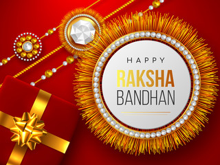 Raksha Bandhan red background with decorated rakhi and gift box. Brother and sister celebration Rakhi festival design. Vector illustration.