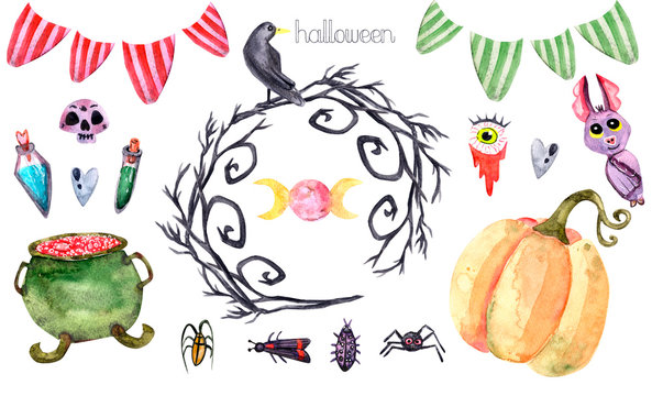 Watercolor Halloween set. Hand painted pumpkins,eye with capillaries,bat, poison, cauldron
