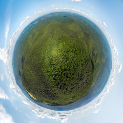drone aerial view - summer sunny day over a forested mountain