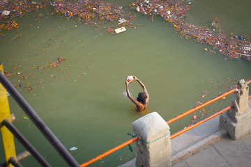 Varanasi/India-13.07.2019:The indian man washing in Varanasi