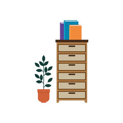 wooden drawer with books and houseplant