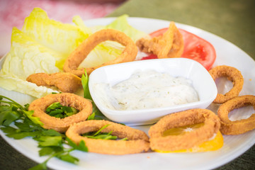 Tasty squid rings in bread flour. Squid is served with greens sauce and fresh greens with tomatoes and lettuce.
