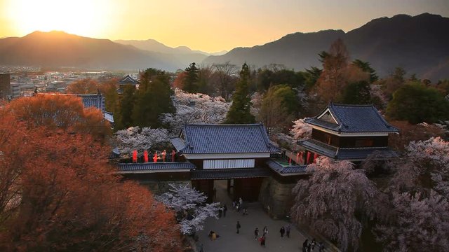 Ueda Castle at springtime sunset,  Nagano Prefecture,  Ueda City