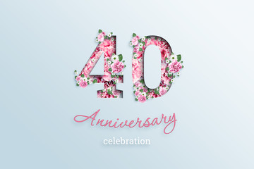 Creative background, the inscription 40 number and anniversary celebration textis flowers, on a light background. Anniversary concept, birthday, celebration event, template, flyer