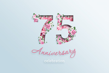 Creative background, the inscription 75 number and anniversary celebration textis flowers, on a light background. Anniversary concept, birthday, celebration event, template, flyer