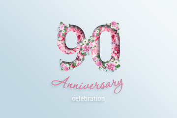 Creative background, the inscription 90 number and anniversary celebration textis flowers, on a...