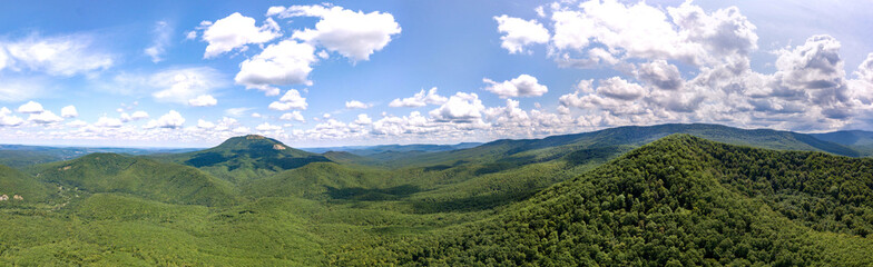 Fototapeta premium Drone aerial view large panorama - top of Sober-Bash mountain - dominant height in the north of the western Caucasus