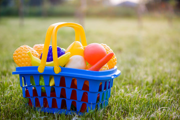 Bright plastic colorful basket with toy fruits and vegetables outdoors on sunny summer day.