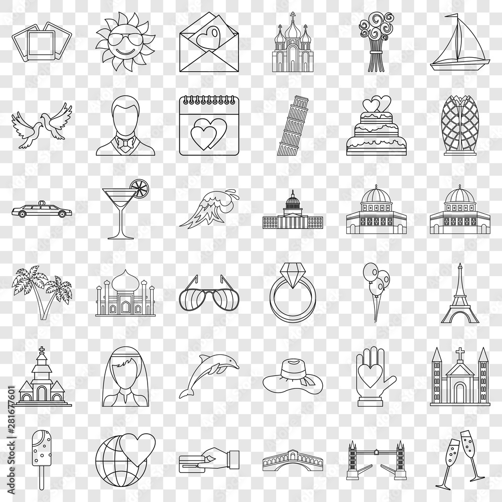 Poster honeymoon icons set. outline style of 36 honeymoon vector icons for web for any design