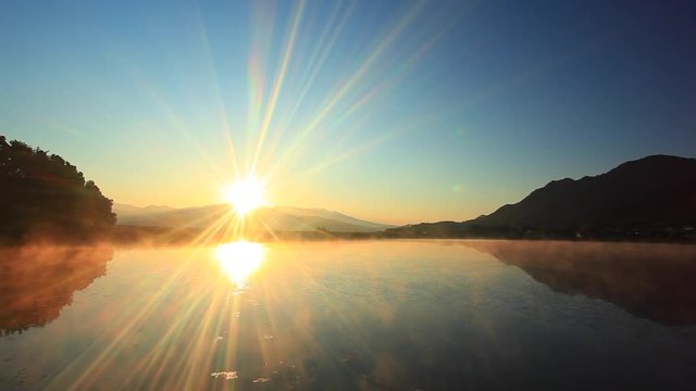 Real time shot of sunrise over lake,  Ueda,  Nagano