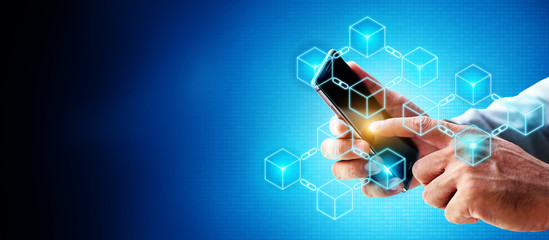 Decentralize Businessman future innovation blockchain technology concept token money bank bitcoin. Safe trust fintech efficiency clouds security crypto digital ai smart contract transaction protection