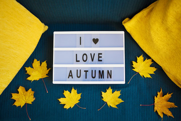 lightbox with yellow leaves on a plaid-inscription I love autumn