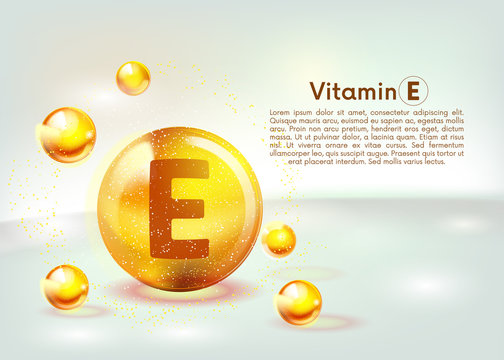 Vitamin E gold shining icon. Ascorbic acid. Shining golden substance drop. Nutrition skin care. Vector.