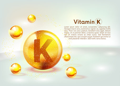 Vitamin K gold shining icon. Ascorbic acid. Shining golden substance drop. Nutrition skin care. Vector.