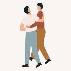 LGBT couple or friends are hugging and watching at each other while walking. Two people hugging. Homosexual relationship. Flat vector isolated illustration