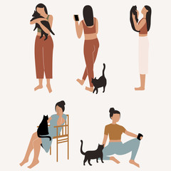 Woman with her cat. Woman dressed it trendy clothes spending time with a cat - holding a cat, sitting near cat and with cat in her laps. Flat vector illustration