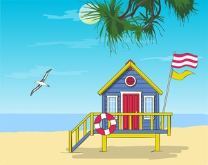 Lifeguard station on a beach with palm on a sunset sky. Vector illustration with tropical landscape. Summer card.