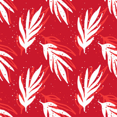 Elegant red seamless pattern with white hand-drawn leaves, branches and spray paint dots.