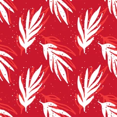 Papier Peint photo Motifs de Noël Élégant motif sans couture rouge avec des feuilles blanches dessinées à la main, des branches et des points de peinture en aérosol.
