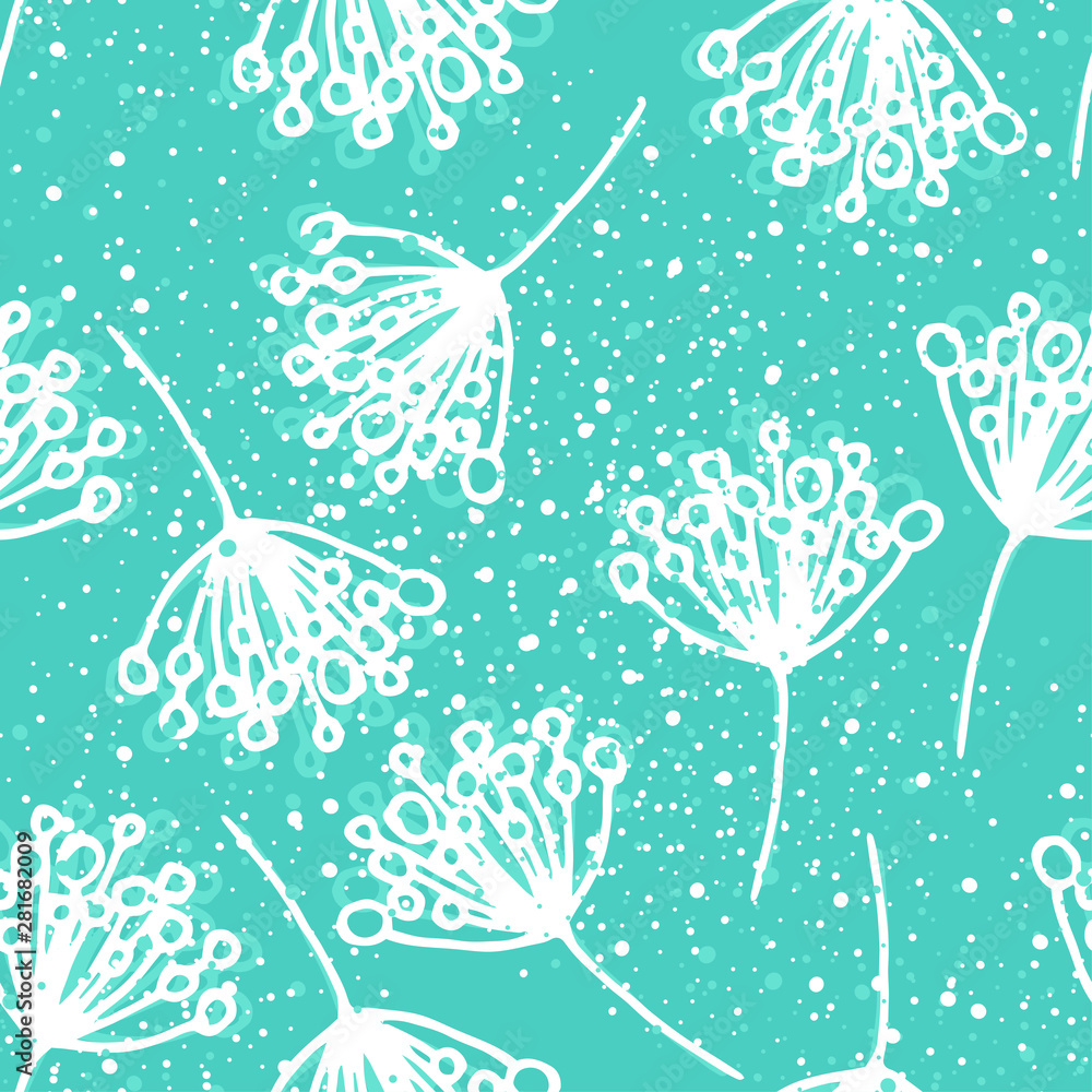 Poster seamless vector pattern of white abstract hand drawn branches with berries and paint splashes on tur